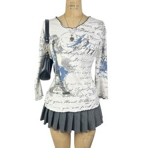 French Aesthetic Graphic Top Y2K Design 2000's Sz L Soft Grunge Retro